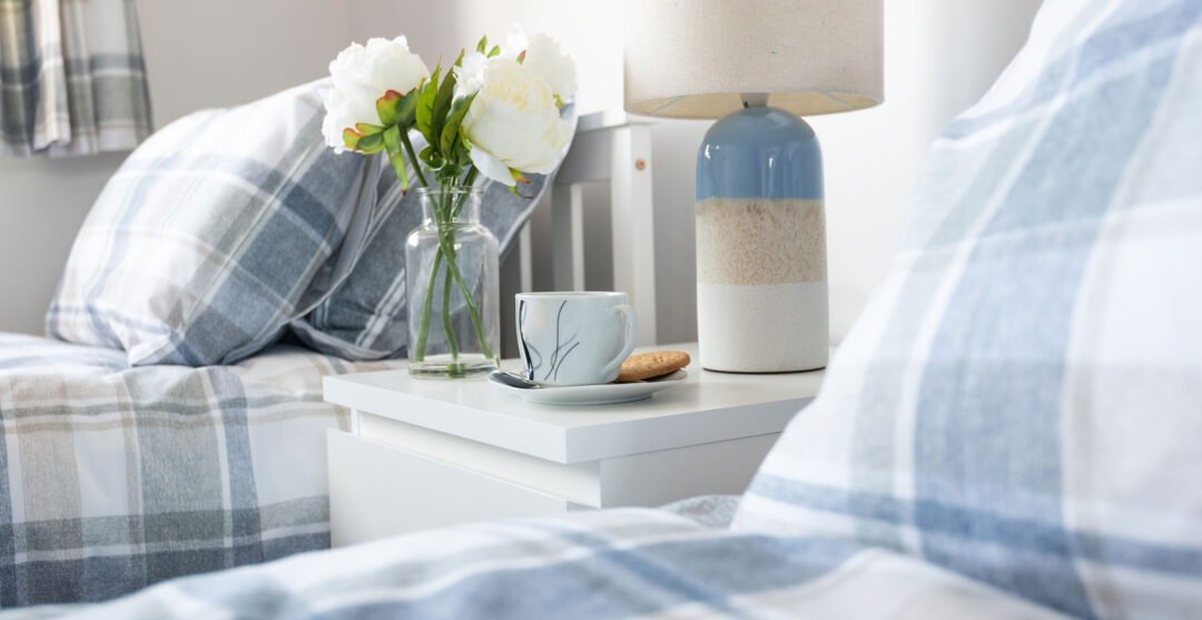 Twin bedroom, blue linen